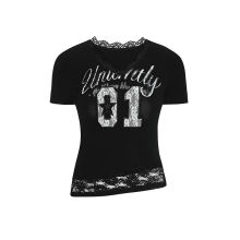 美式辣妹镂空蕾丝拼接短款上衣女设计感修身百搭显瘦正肩短袖T恤