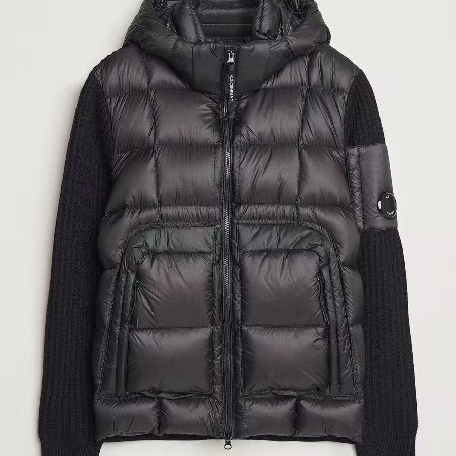 Cross-Border C..P New Knitted Splicing Wool Men's Trendy Brand down Jacket Hooded Zipper White Duck down Glasses Jacket