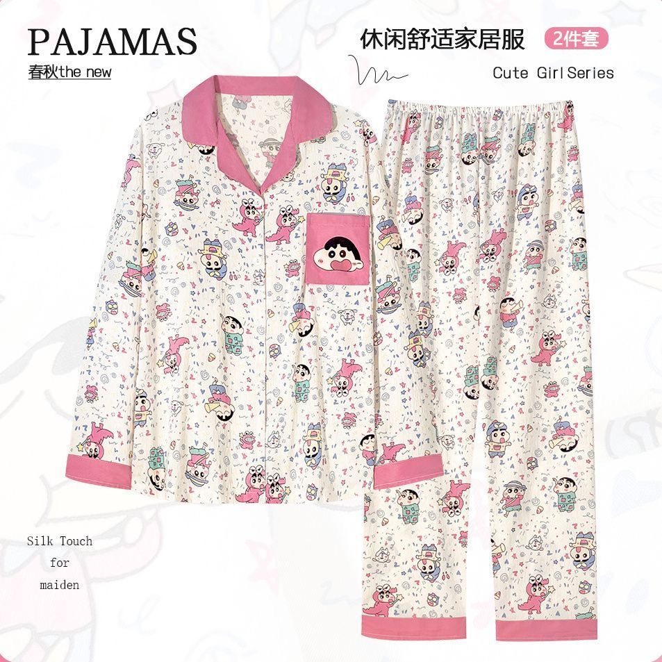 Nube transfronteriza pijama de algodón crayón de mujer pequeño nuevo otoño pantalones de manga larga lindos dibujos animados ropa de casa se puede usar fuera