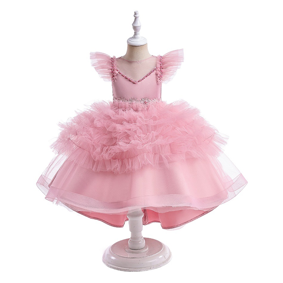 Amazon nuevo pequeño y mediano niñas vestido princesa vestido pequeño vuelo manga malla dovetail pettiskirt cumpleaños vestido de fiesta