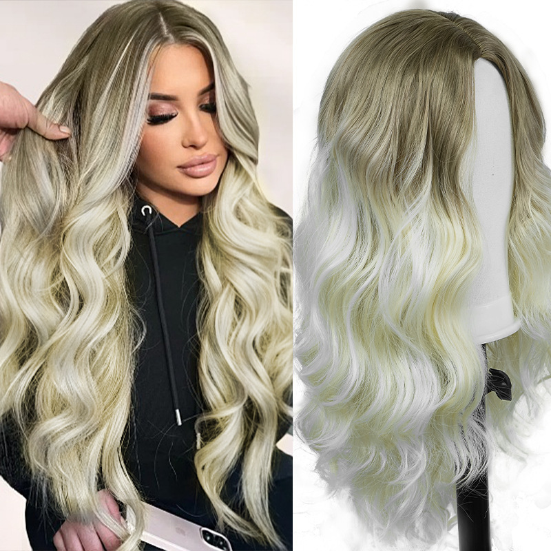 Cross-Border Amazon Synthetic Fiber High-Temperature Wig Gradient Color Blonde Machine-Made Full Head Wig Long Curly Hair