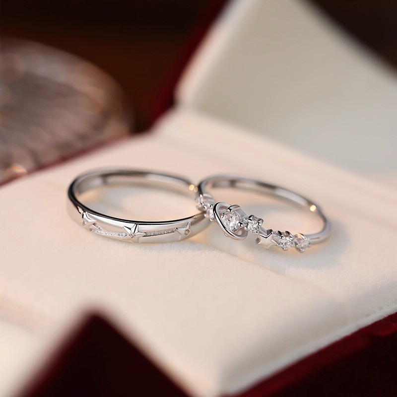 White Copper Love Frequency Universe Galaxy Ring Girls Niche Design Micro-Paved Zircon Star Ring Adjustable