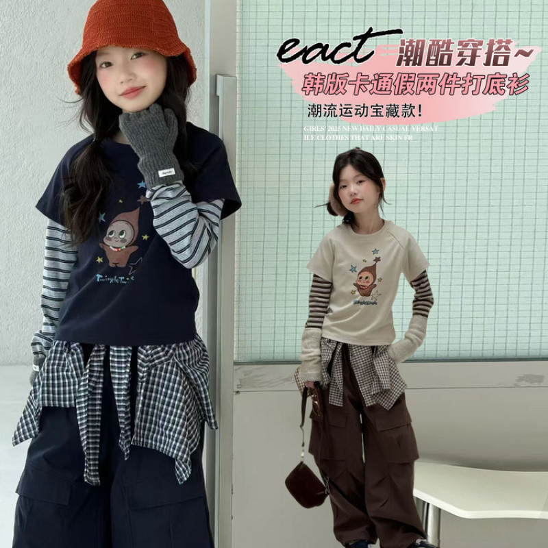 Zhili children's cotton T-shirt for girls, 2026, spring and autumn style, faux two-piece base layer, cartoon children's polo shirt.