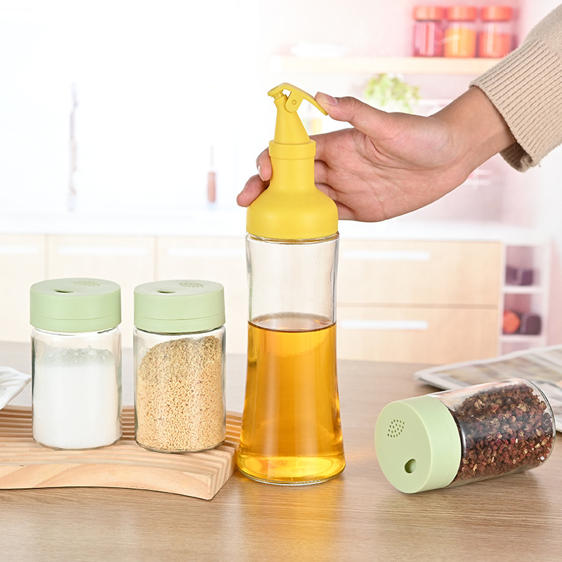 Tarro de condimento de vidrio cuantitativo condimento botella hogar cocina condimento caja combinación traje sal tarro aceite Pot Set de regalo de cuatro piezas
