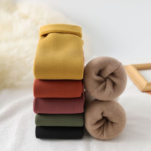 Women's Snow Ground Socks, Vertical Tags, Winter Thick Fleece Socks for Girls, Plain Color Mid-Calf Length Socks, Exclusive for Cross-Border E-commerce