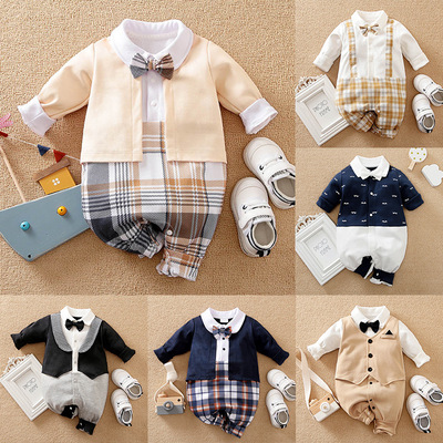 网红长袖绅士哈衣男童连体衣 新生婴儿百天满月爬服英伦服装baby|ms