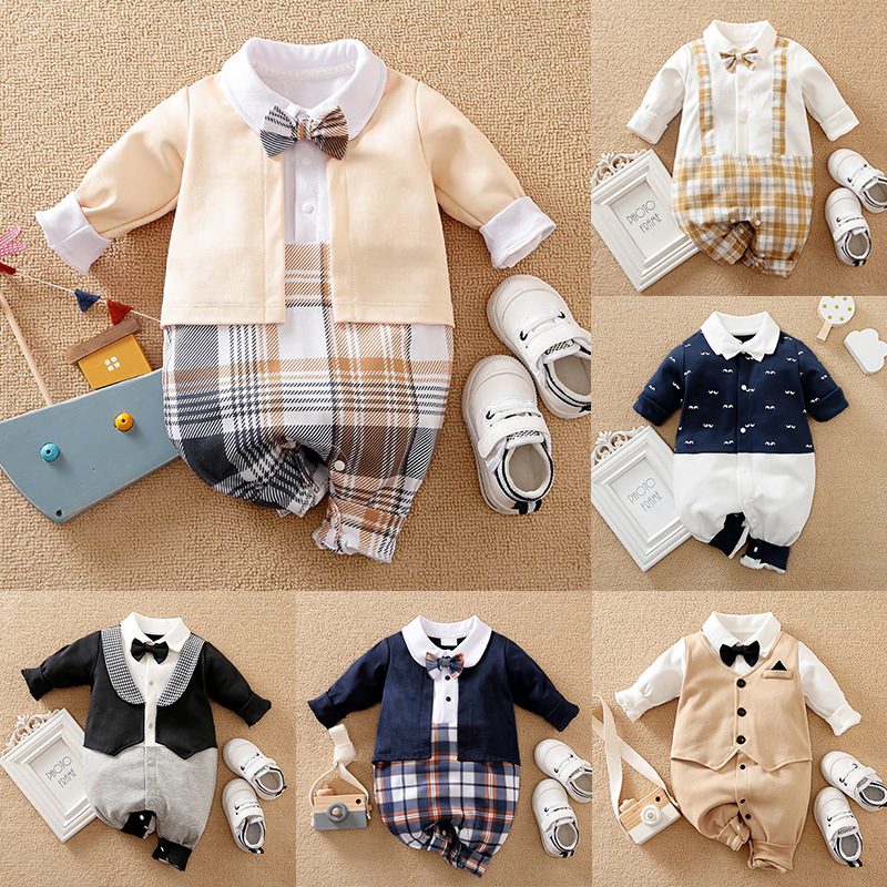网红长袖绅士哈衣男童连体衣 新生婴儿百天满月爬服英伦服装baby|ms