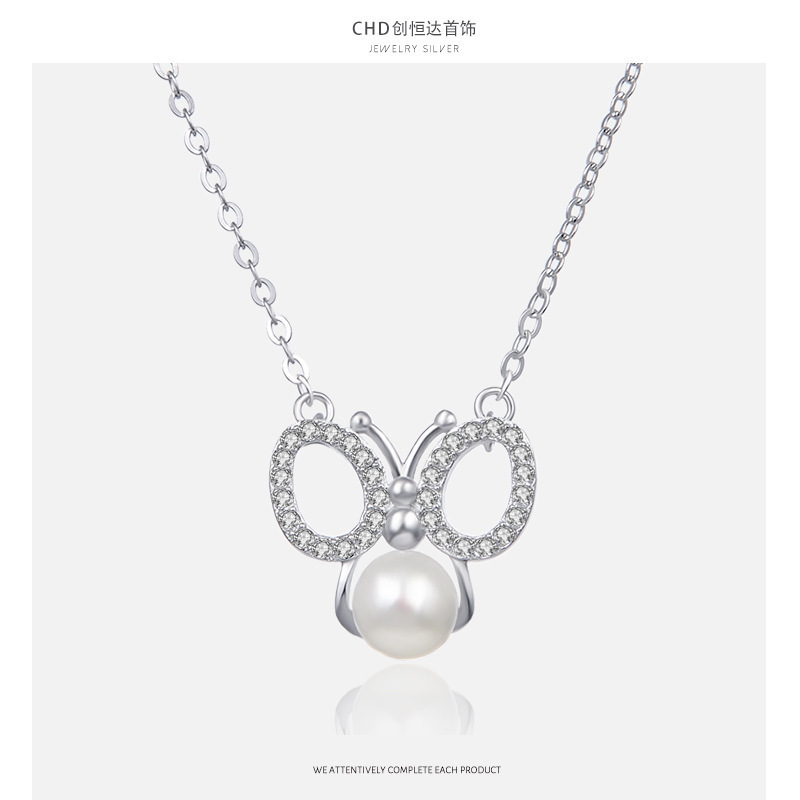 Coreano pequeño lindo joyas de plata frescas y de moda S925 plata esterlina micro-martillo collar de mariposa de piedra cadena clavícula al por mayor