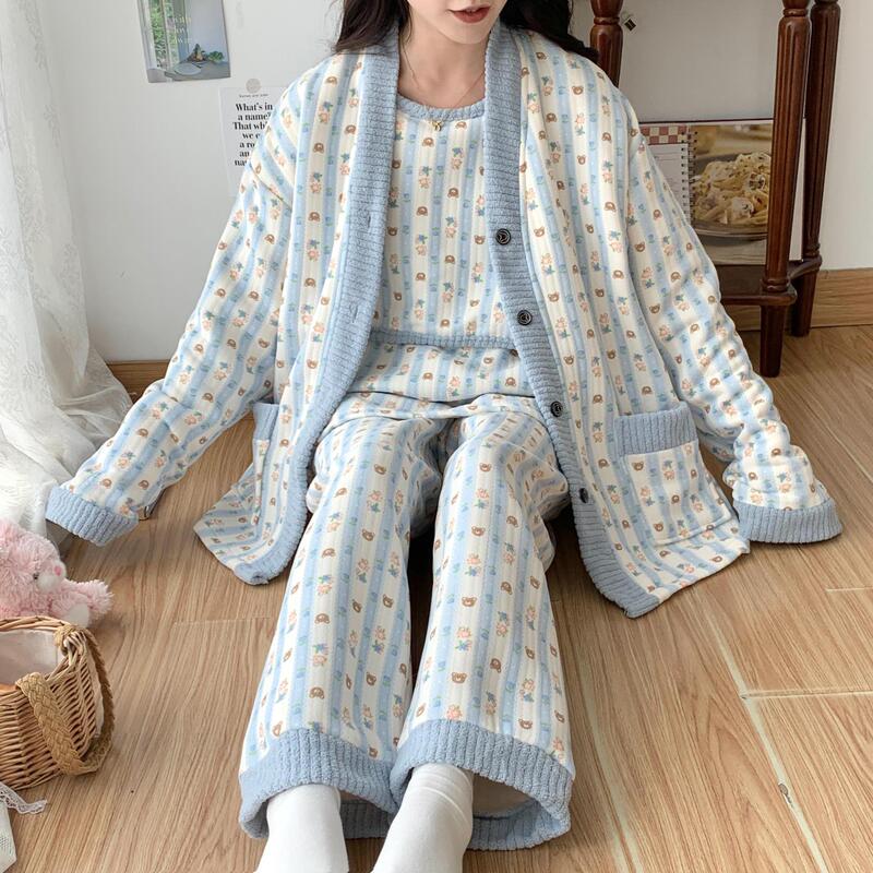 Three-Piece Set for Autumn and Winter, Plus Size 150kg Air Cotton Thickened Maternity Pajamas for Women, Nursing Wear for Pregnant and Postpartum Mothers