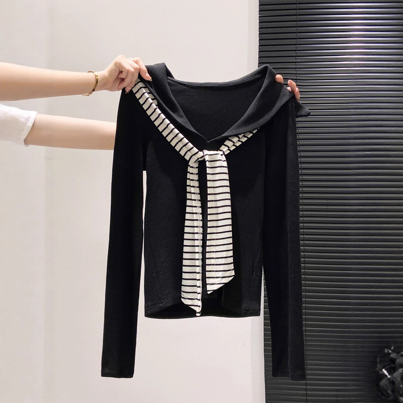Navy Collar Navy Blue Long-Sleeved T-Shirt for Women 2025 Autumn and Winter New Style Spliced ​​Striped Tie Slimming Look Inner Top
