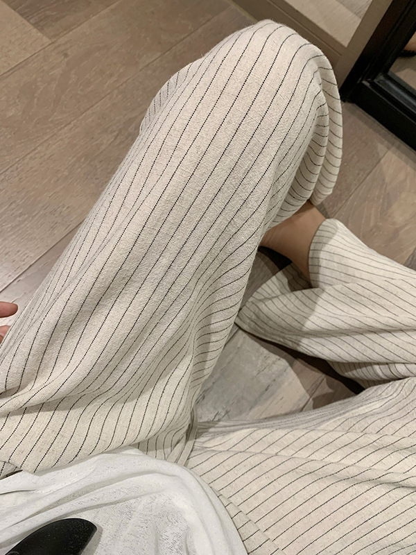 日系棉麻条纹阔腿裤女春秋松弛感高腰休闲简约显瘦百搭拖地直筒裤|undefined