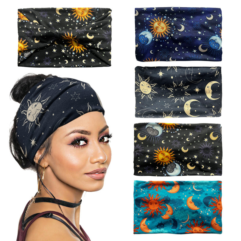 European and American Foreign trade starry sky sun moon print pattern wide-brimmed bag waist hair band Sports yoga sweat-absorbing headdress hair band