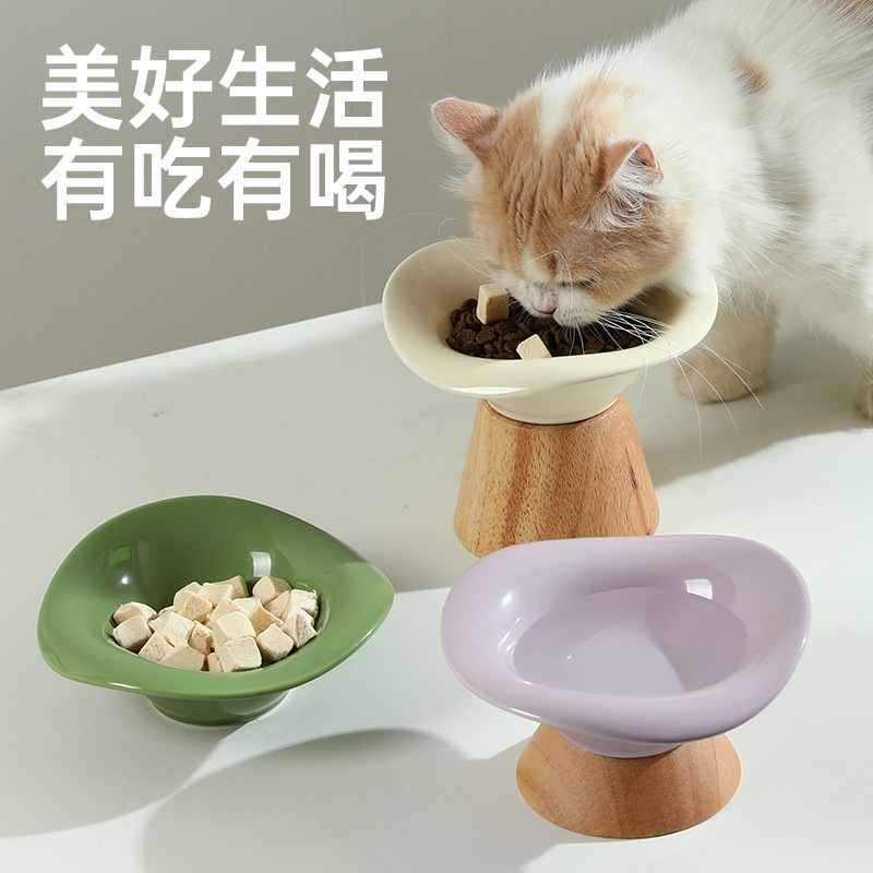 Nuevo gato de pie alto asiento de madera tazón de cerámica protección cervical perro tazón de arroz tazón de comida para gatos tazón antidetonante tazón para beber
