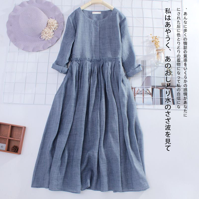Dress with Linen-Like Texture, Artistic Style, 2026 Spring/Summer, Round Neck, Pleated, Drawstring, Mori Style, Three-Quarter Sleeves, Cotton, Slimming, Large Hem, Long Dress