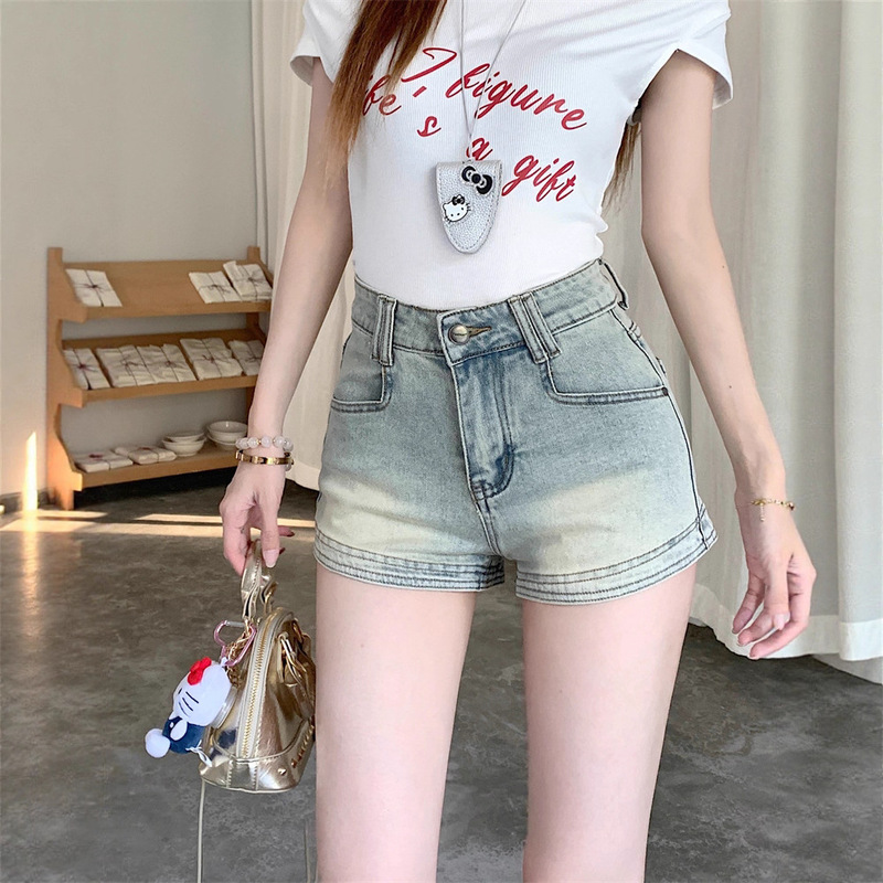 American Hot Girl Denim Shorts Women's 2025 Summer Washed Distressed Hip-Hugging Pants High-Waisted Tight Sexy Hot Pants
