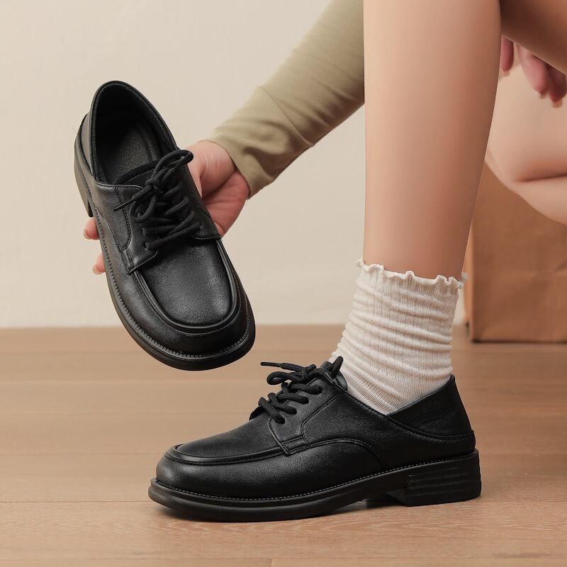 Low-Heeled Slim Black Leather Shoes for Women, Fashionable British Style Single Shoes, Retro Versatile Loafers, Fashionable and Casual Low-Heeled Slim Black Leather Shoes for Women, Fashionable British Style Single Shoes, Retro Versatile Loafers, Fashionable and Casual
