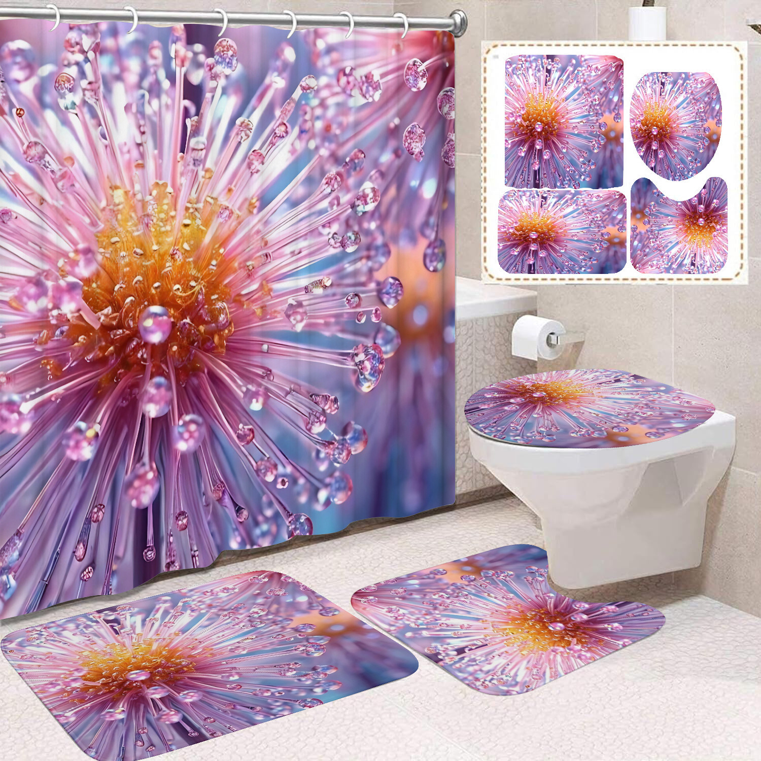 Flor blanca cortina de baño inodoro cortina de partición impermeable de baño cortina de lavado separación seca y húmeda cortina de puerta colgante sin agujeros