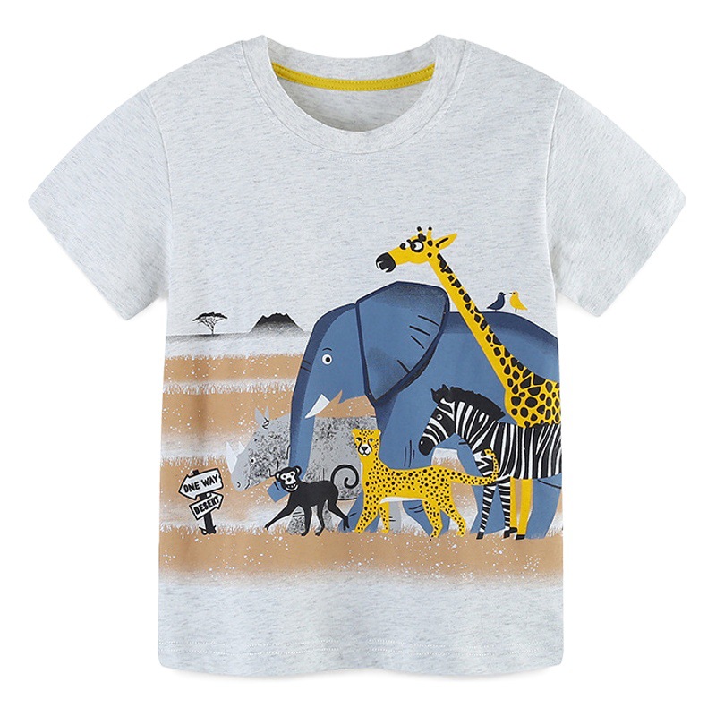 Verano nueva camiseta de los muchachos de estilo europeo y americano de dibujos animados impreso sudadera cuello redondo de los niños camisa de manga corta entrega de una sola pieza