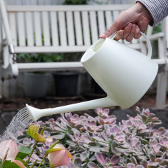 水筒に水をかけます。プラスチック庭園の長い口に花をかけます。