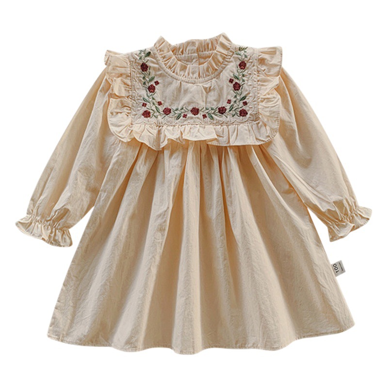 Francés bordado flor stand collar niña vestido 2024 primavera y otoño volantes manga larga niña princesa vestido al por mayor