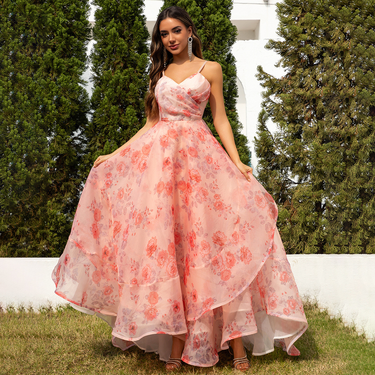 2025 New European and American Cross-Border Pink Suspender Printed Slit Backless Cocktail Prom Dress