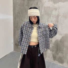 春季2026新款设计感宽松格子衬衫美式个性chic翻领长袖上衣外套