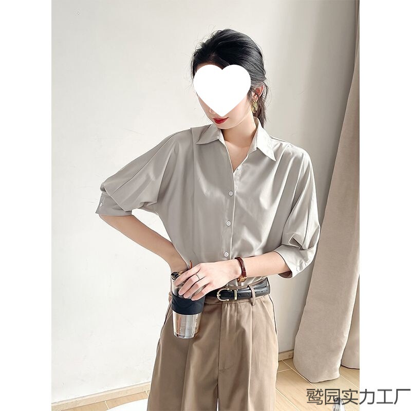 夏季薄款纯色短袖衬衫女时尚个性轻熟风百搭衬衣小众气质显瘦上衣|undefined