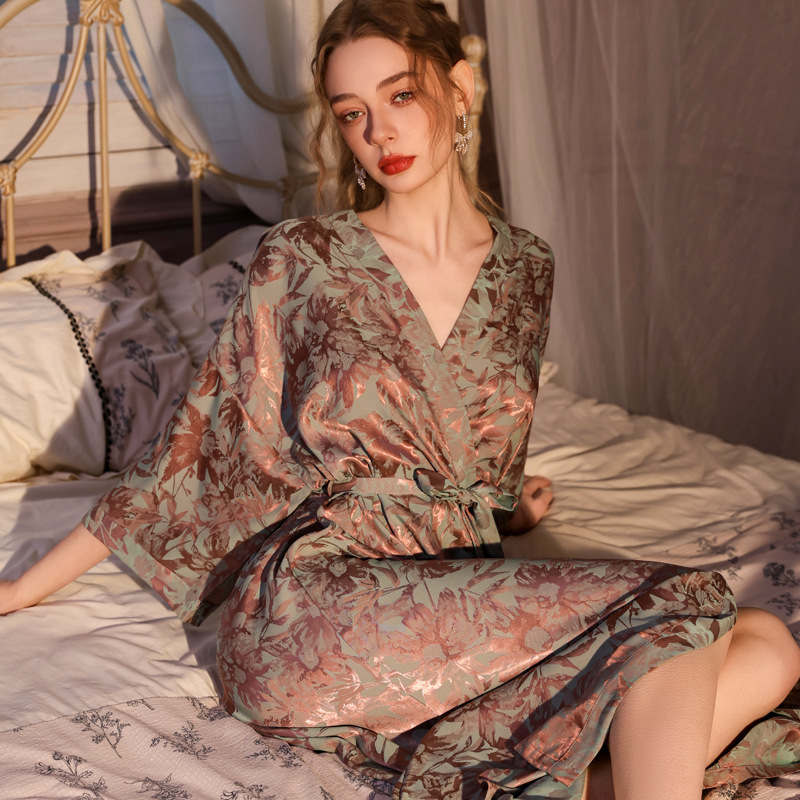Light Luxury Jacquard Robe for Women, Spring and Autumn Long Bathrobe, Bath Dress, Ice Silk High-End Satin Loungewear, Single Robe for Summer