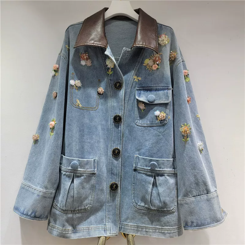 Design polyurethane fashionable denim long-sleeve, jacket, flowered, oversize