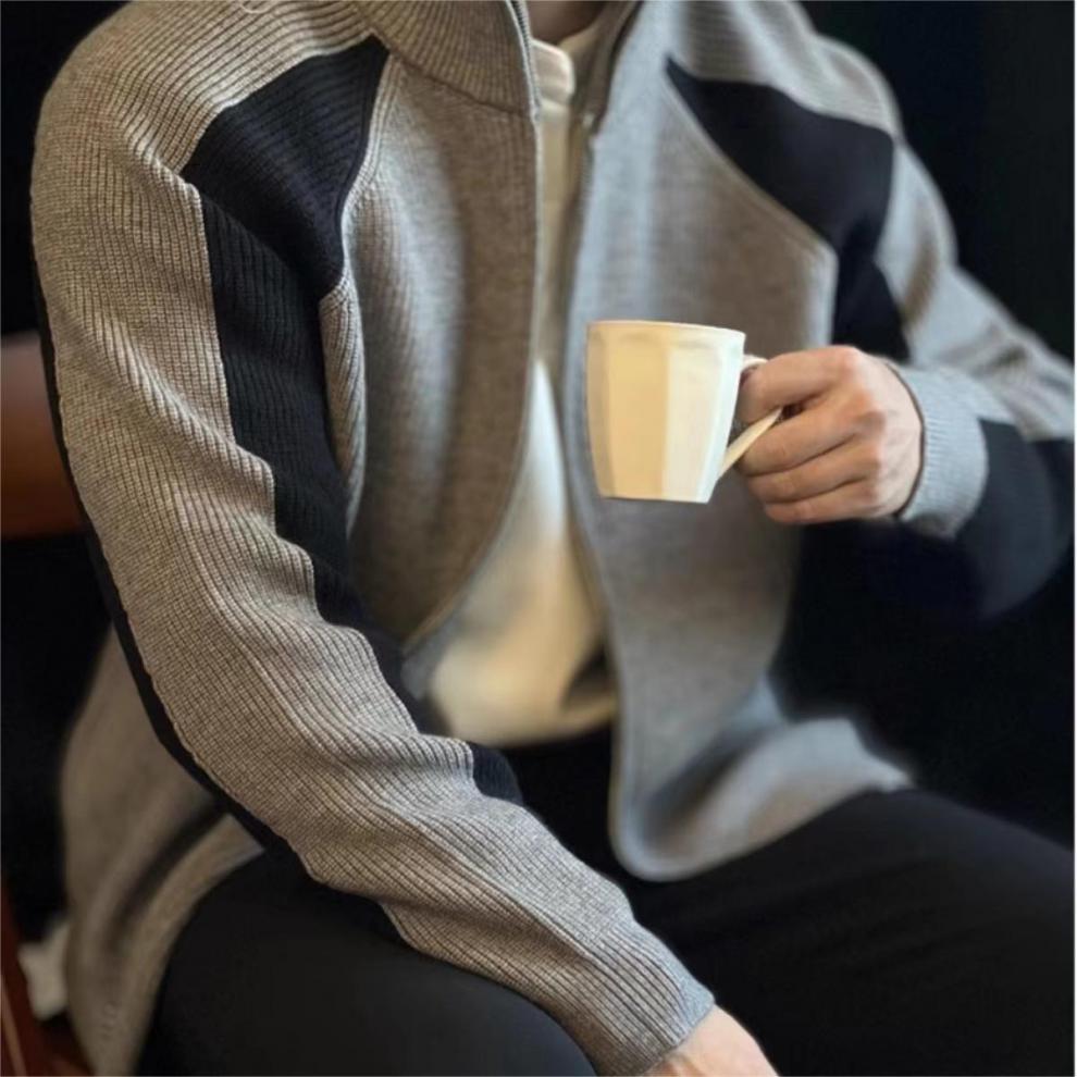 Strickpullover für Herbst und Winter, Herren-Cardigan mit kontrastierendem Reißverschluss, locker gestrickt_voghion.com