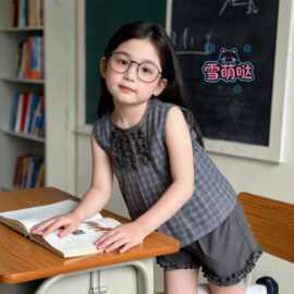 雪萌哒2026女童夏季新款格子学院风套装 时尚宽松透气套装亲子装