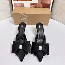 ZA2024秋季新品尖头人造珍珠装饰黑色大蝴蝶结仙女后空高跟女凉鞋