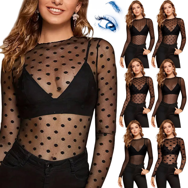 European and American Popular Lace T-Shirt Women's Club Mesh Top Cross-Border Amazon Mesh See-Through Bottoming Shirt Shirt