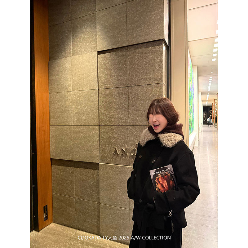 Cookadaily Mermaid Korean Style High-End Wool Double-Sided Woolen Outwear Outwear Ribbon Hat Glove Set