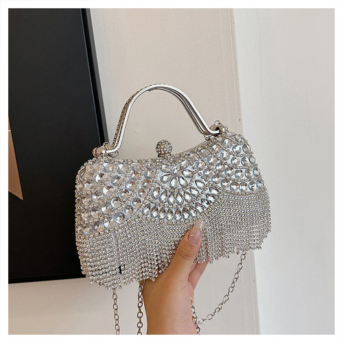 2025 Cross-border New European and American Rhinestone Evening Bag with Tassels, Fashionable Socialite Evening Clutch with Single Shoulder Strap