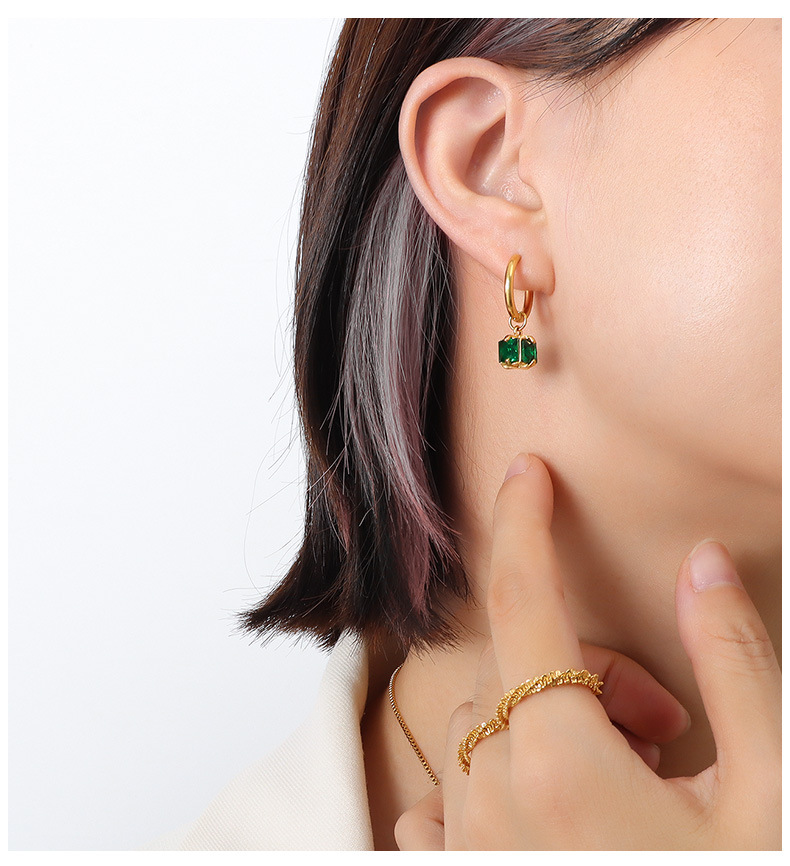 Square Pattern European And American Compact Four-sided Emerald Zircon Ttanium Steel Plated Earrings