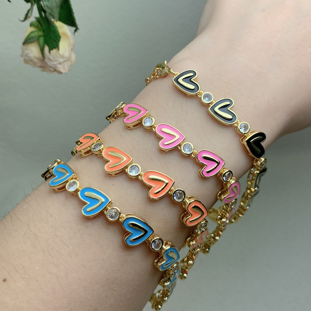 Ethnic Style Heart Shape Copper Enamel Plating Inlay Zircon Bracelets 1 Piece