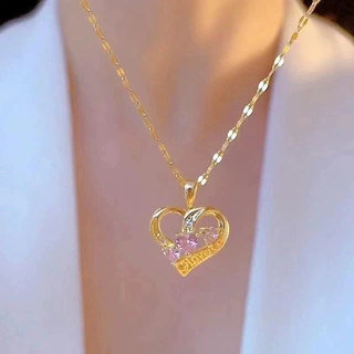 三颗爱心粉色锆石项链钛钢锁骨链女高级气质轻奢独特颈链工厂批发