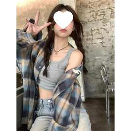 美式复古撞色格子防晒衬衫长袖宽松显瘦翻领衬衣外套洋气外穿