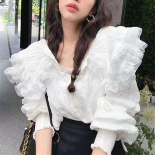 Little Sun Fairy White Lace Top Collar Ruffled Design Gentle Sweet Elegant Wear Lace Shirt