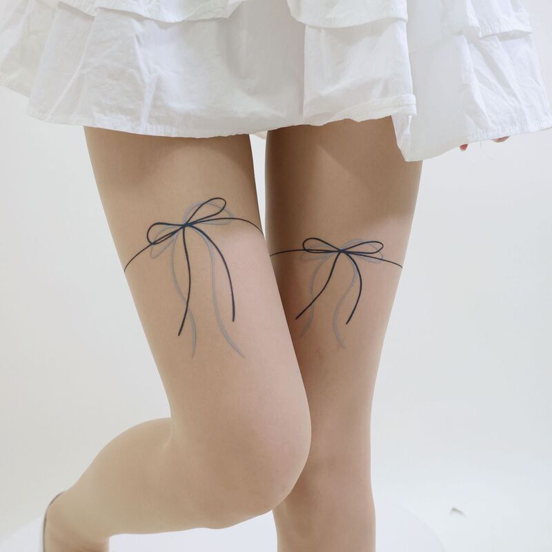 New Early Spring Skin-penetrating Double Shadow Bow Ribbon Thigh Fake Tattoo Silk Stockings Ultra-thin Arbitrary Cut Pantyhose Women