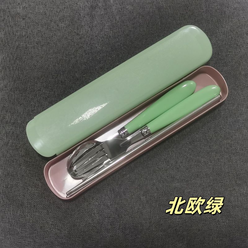 ステンレス製携帯食器、プラスチック製の持ち手付きフォーク、スプーン、箸、家庭用学生・子供用簡易食器3点セット、クロスボーダー|undefined