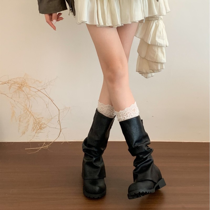 牛皮版~复古辣妹机车靴女秋冬褶皱堆堆靴粗跟中筒裤管靴骑士靴子|undefined