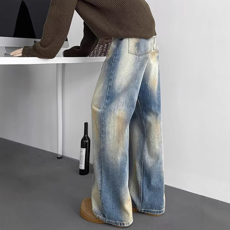 American-style High Street Vibe Washed Jeans Men's Retro Wear dirtyfit Dirty Dye Pants Design Sense Micro-pants