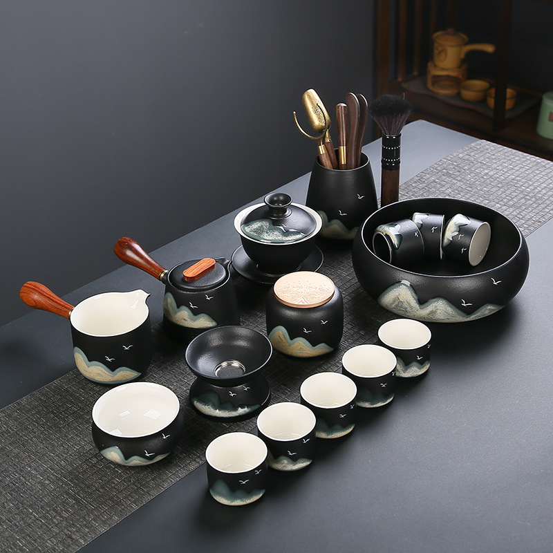 黑陶远山茶具家用办公套装日式简约侧把壶陶瓷盖碗整套开业礼品
