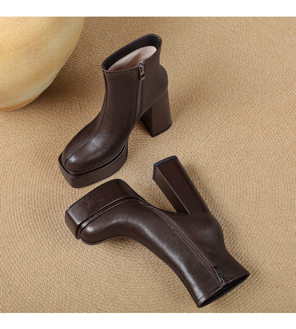 Boot nữ cổ cao ôm chân da dê mềm gót vuông đế xuồng 12.5 cm — Lớp lót nhung đen chi tiết 16