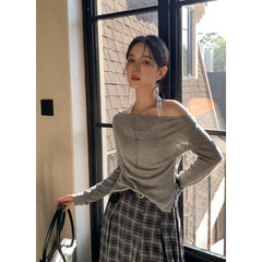 衣尔衫 浪漫气质 天丝精致感一字领挂脖针织衫女秋季超长袖0602