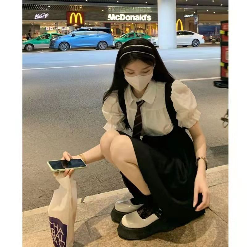 스파이스 걸스 JK 유니폼 퍼프 슬리브 셔츠 스트랩 플리츠 스커트 2 피스 세트 작은 블랙 스커트 스트랩 원피스 여성용 여름