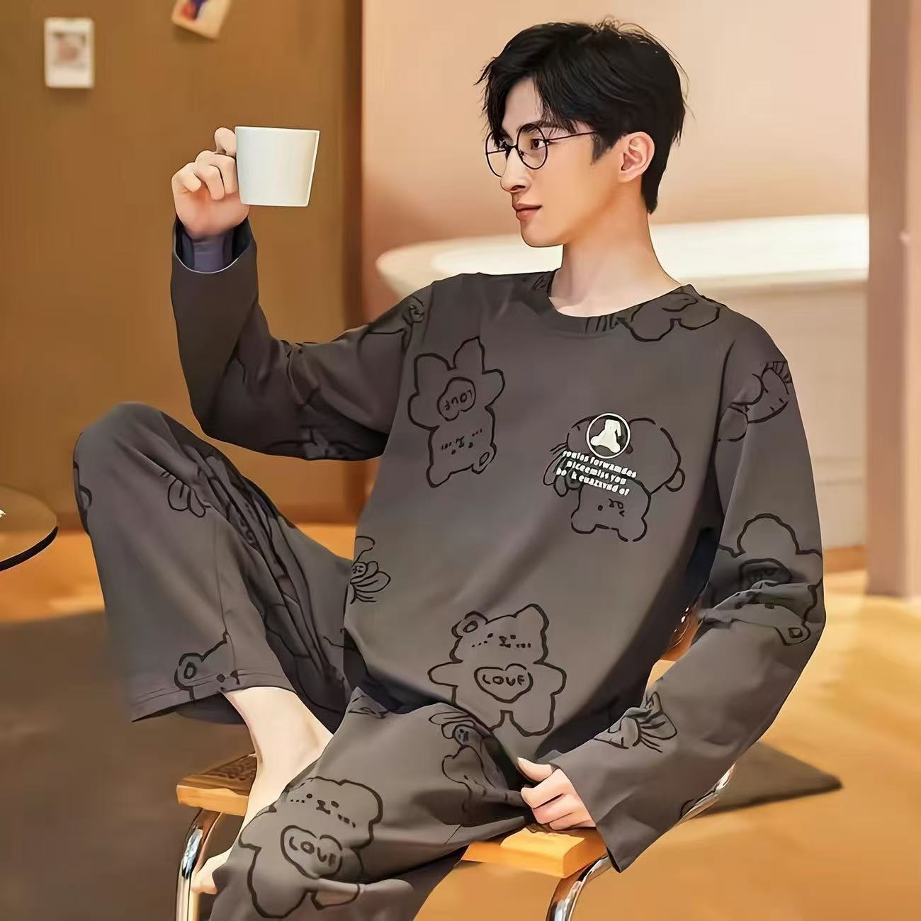 Pajamas Men's Long-Sleeved Pants 2025 Spring & Fall Simple Casual Young Men's Winter Home Wear Set Can Be Worn Outside