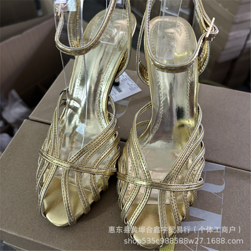 2025za新品夏季金色法式编织镂空鞋女高跟露趾鱼嘴凉鞋带子凉鞋女|undefined